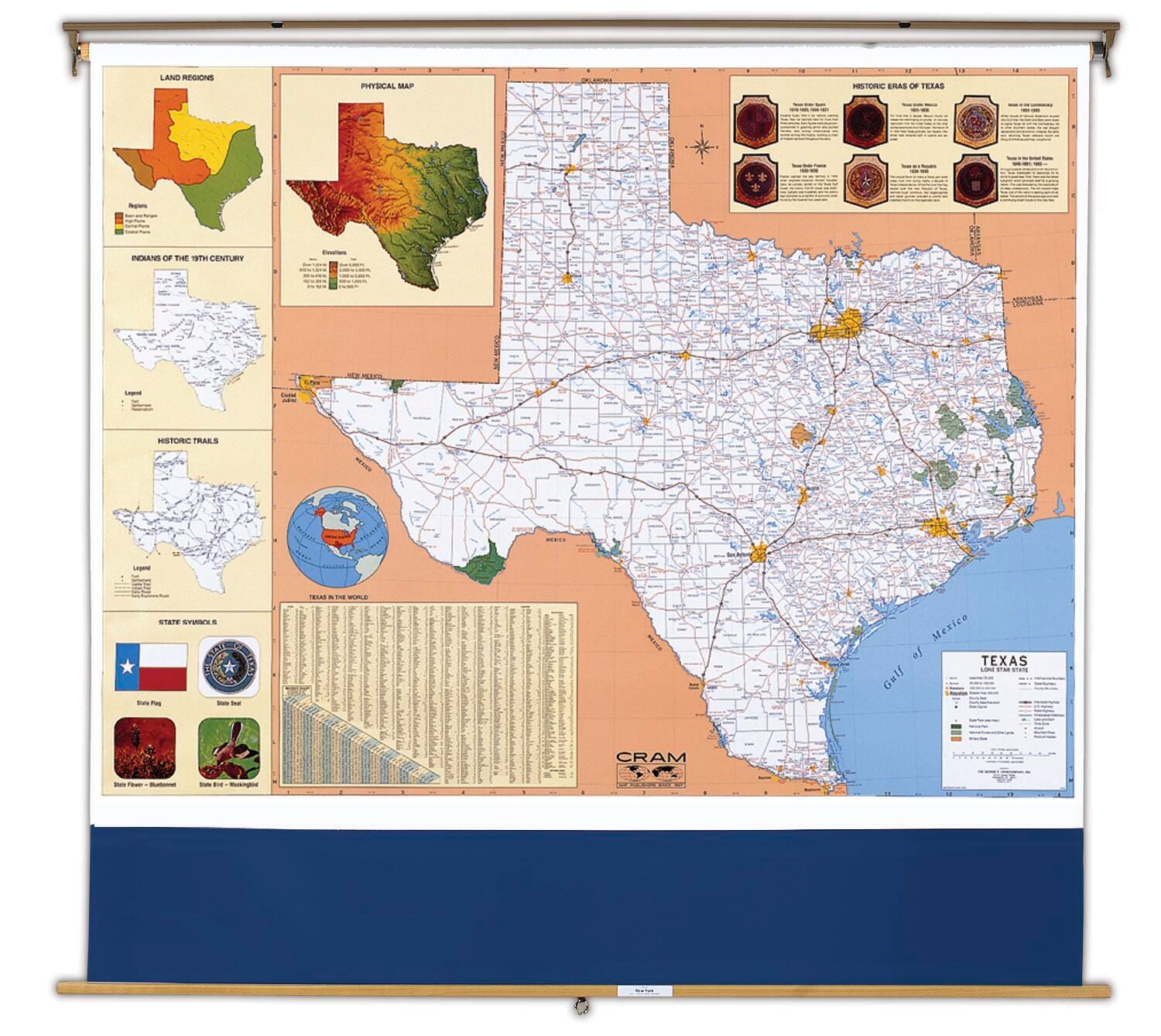 Nystrom Texas Pull Down Roller Classroom Map, 64 x 50 Inches, Item Number 088641
